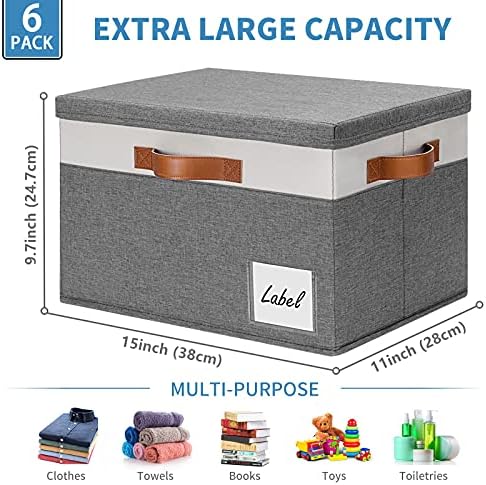 GhvyenntteS 6 Pack Fabric Storage Bins with Lid, Large Closet Storage Bins with Lid and 3 PU Handles, Foldable Fabric Storage Boxes with Label Window for Home Bedroom Office (Grey, Large) - Image 3