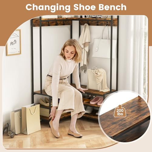 GIANTEX Corner Coat Rack, L-Shaped Hall Tree with Bench and Shoe Storage - Image 4