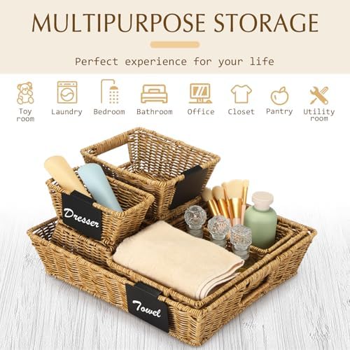 Marsui 9 Pcs Wicker Storage Baskets for Pantry Organization with Handle Labels Handwoven Multi-size Brown Small Organizer Baskets Storage Bins Container for Shelves Closet Toilet Christmas Holiday - Image 4