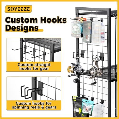 SOYEEZE Fishing Rod Holder for 12 Rods, Rolling Fishing Pole Holders for Garage, 4 Tier Adjustable Fish Rod Rack with Lockable Wheels for Tackle Box, Fishing Supplies, a Display Fish Gear Gift for Man - Image 2