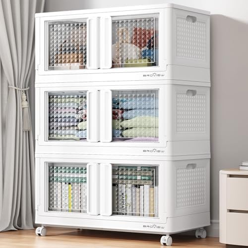 BROVIEW 300 Qt Stackable Storage Bins with Lids & Doors, 3 Pack Plastic Closet Organizer and Storages Drawers with Wheels, Large Collapsible Storage Boxes, Cabinet for Home, Office, V10, White by BROVIEW-EnjoytheArtofLife