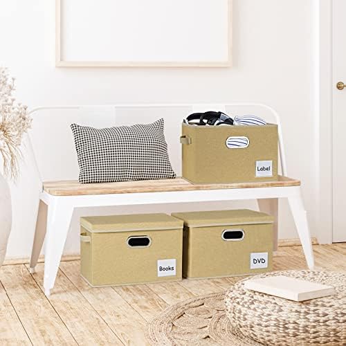 LHZK Large Storage Bins with Lids 6 Pack, Foldable Linen Fabric Storage Boxes with Lids, Sturdy Fabric Storage Bins with Label & 3 Handles for Shelves Bedroom Home Office (Beige, Large) - Image 2