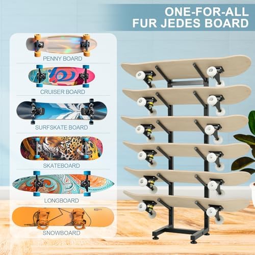 BiJun Skateboard Racks Floor Stand, 6-Layer Skateboard Wall Mount,Snowboard Storage Rack, Skateboard Organizer Floor Stand for Deck, Longboard, Snowboard, Standard Skateboards, Mini Cruiser Skateboard - Image 2