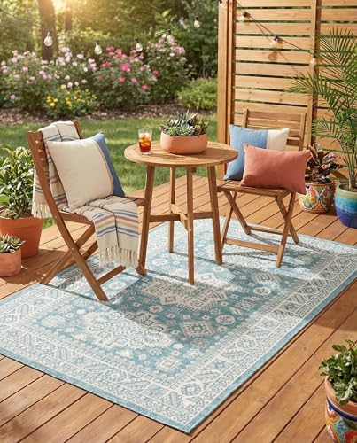 Rugs.com - Outdoor Aztec Rug – 4' 1 x 6' 1 Aqua Indoor/Outdoor Rug – Washable and Stain-Resistant Flatweave for Patios, Decks, and Porches by Rugscom