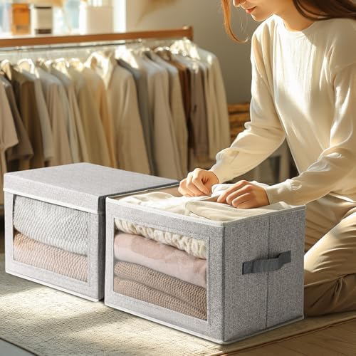 Homsorout Storage Boxes with Lids - 4 Pack Fabric Clear Window Storage Bins, Large Decorative Storage Bins with Handles, Linen Closet Organizer for Clothes, Towel, Blanket, Light Grey - Image 2