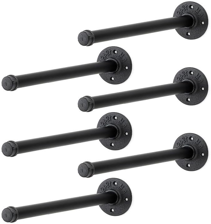 12 Inch Black Industrial Pipe Floating Clothing Rack Wall Mounted, 6 Pack by HomeExpert