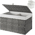 GREENSTELL Storage Basket with Lid, 17.2 Gallon(65L) Small Wicker Blanket Storage Basket with Handles, Foldable, 2 Removable Liner Bags, Metal Frame, for Bedroom, Laundry Room, Grey, 22.2"*13.4"*13.4" by Greenstell