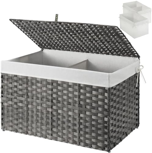 GREENSTELL Storage Basket with Lid, 17.2 Gallon(65L) Small Wicker Blanket Storage Basket with Handles, Foldable, 2 Removable Liner Bags, Metal Frame, for Bedroom, Laundry Room, Grey, 22.2"*13.4"*13.4" by Greenstell