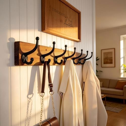 WEBI Rustic Coat Rack Wall Mount,30" Long 7 Cast Iron Coat Hooks Wall Mounted,Heavy Duty Wood Wall Coat Hanger Hooks for Hanging Coats,Jacket,Clothes,Backpack,Farmhouse,Brown - Image 3