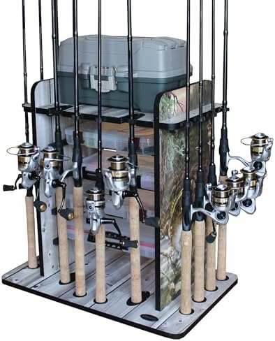 Rush Creek Creations Fishing Rod Holder for 14 Saltwater/Freshwater Rods, Fishing Pole Holder w/ up to 4 Fishing Gear Tackle Box Storage for Garage Organization/Boat Storage for Fishing Accessories by RushCreekCreations