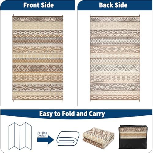 Boho 8x10 Plastic Straw Rug Reversible Mat Outdoor Bohemia Area Rug Waterproof Patio Rugs Outdoor Camping Rugs for RV Porch Deck Camper Balcony Backyard Easy Clean Picnic Mat, Brown Tan - Image 4
