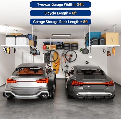 FLEXIMOUNTS 4x8 Overhead Garage Storage Rack with 6 Hooks, 2 Pack, White - Image 7
