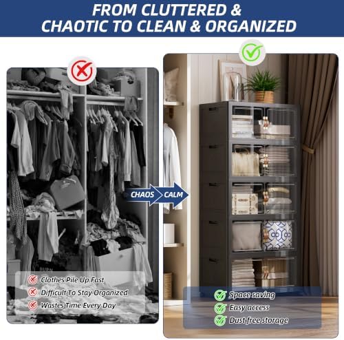 SAILUN 525QT/131Gal Stackable Storage Bins with a Lid, Collapsible Storage Bins with Doors, Folding Cabinet for Home Closet Organization,5 Pack-26 W x 16.5" D x 70.7" H Black - Image 2