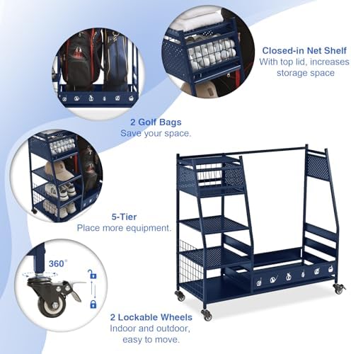 Lauren&Harold Golf Bag Organizer Garage Storage, Golf Storage Rack Stand Fits 2 Golf Bags, Golf Clubs and Other Golfing Equipment Accessories, Golf Organizer for Garage, Club, Shed, Basement - Image 4