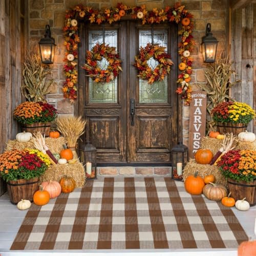 MUBIN Fall Decor Cotton Buffalo Plaid Rug, 4' x 6' Coffee White Outdoor Rug Decorative Mat, Washable Large Doormat Hand-Woven Foldable Area Rug for Outdoor Patio Indoor Living Room Dining Room Kitchen - Image 3