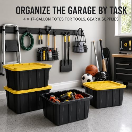 17 Gallon Storage Totes with Lock Holes, Black/Yellow, 4 Pack - Image 6