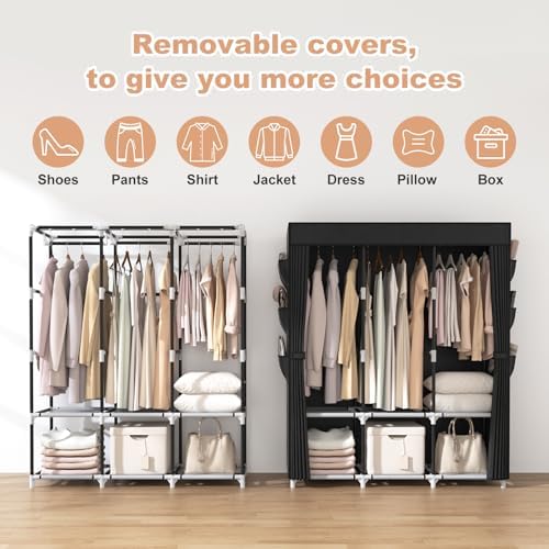 VTRIN Portable Closet for Hanging Clothes 52 Inch Wide Portable Wardrobe Closet with Cover, 6 Storage Shelves and 3 Hanging Rod, Diameter 19mm Metal Pipe, Sturdy Closet for Bedroom, Black - Image 6