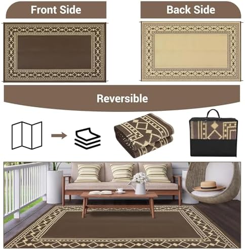 GlowSol 8x10 Waterproof Outdoor Rug Reversible Plastic Straw Area Rug, Portable RV Camping Mat for Patio Deck Backyard Porch Balcony Beach Stain Resistant Outdoor Floor Carpet for Outside, Brown/Beige - Image 5