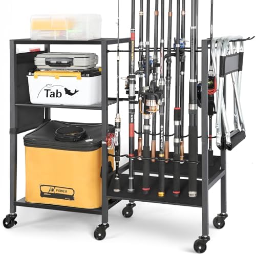 Olakee Fishing Rod Holders, Rolling Fishing Rod Rack for Garage & Boat, Tackle Box & Reel Holder Cart, Easy Assembly Fishing Gear Management System, Ideal Birthday Gift for Men Dad Anglers by Olakee