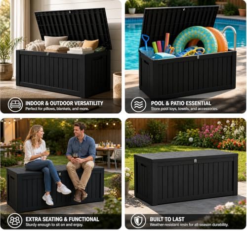 LAUSAINT HOME 260 Gallon Resin Deck Box, Outdoor Toy Storage Box, Package Delivery Box with Lockable Lid, Waterproof Outdoor Storage Box For Garden Tools, Patio Cushions(260 Gallon,Black) - Image 5