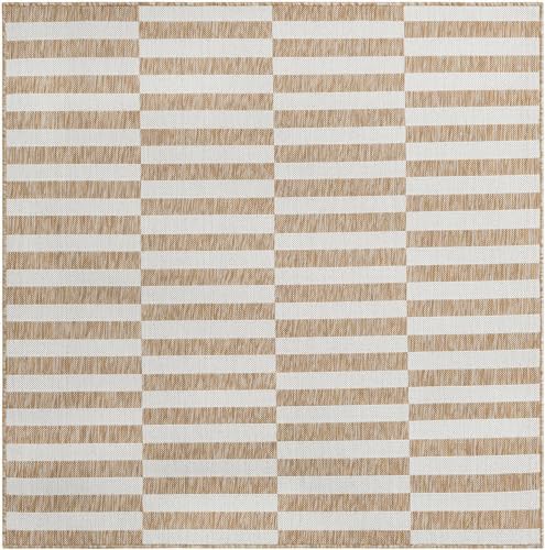 Unique Loom Outdoor Striped Collection Area Rug - Striped (5' 3" Square Taupe/Ivory) - Image 2