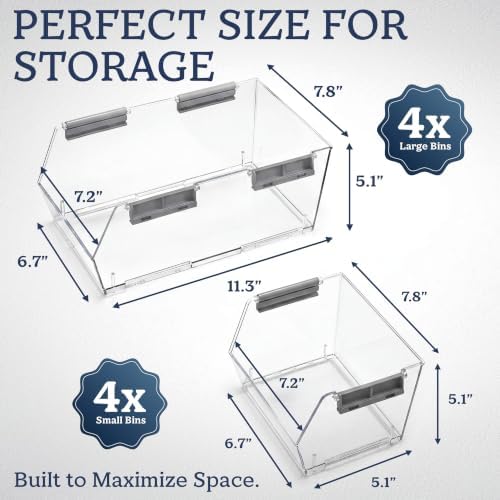 HOMESTEAD Set of 8 Stackable Storage Bins, 4 Large + 4 Small Clear Plastic Organizer Bins, Open Front Design for Kitchen Pantry, Fridge, Cabinet, Bathroom Organization and Bulk Snack Storage - Image 3