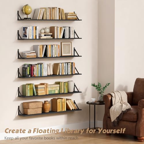 Forbena 48 Inch Long Floating Book Shelves for Wall Set of 3, Black Wall Bookshelves for Living Room, Large Heavy Duty Wood Wall Mounted Hanging Bookshelf for Bedroom Office Library Classroom - Image 5