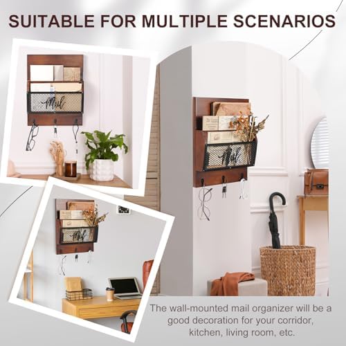 Yalikop Farmhouse Mail Organizer Wall Mounted Rustic Mail Holder Hanging Key Sorter with 3 Hooks Indoor Wooden Wall Mounted, Letter, Magazines, Newspapers, Keys (Classics,Dark Brown) | Wall Mounted Rustic Wooden Mail Organizer with Metal Mesh, Hanging ... - Image 6