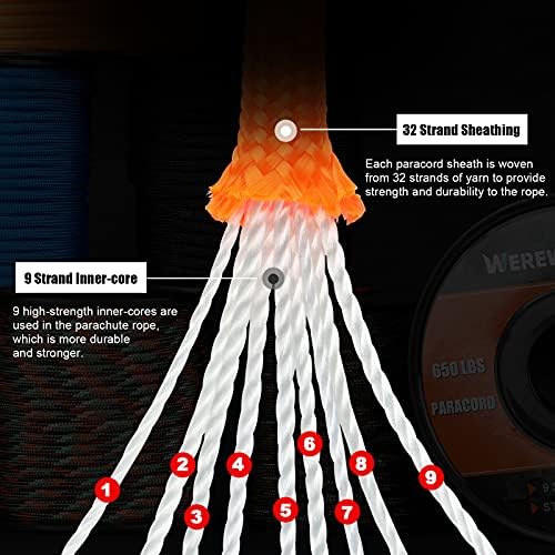 WEREWOLVES 650lb Paracord/Parachute Cord - 9 Strand Paracord Rope - 100', 200' Spools of Parachute Cord, Type III Paracord for Camping, Survival - Image 5