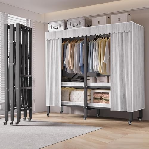 Foldable Clothe Rack with Cover and Wheel Heavy-Duty Portable Closet Wardrobe Freestanding Metal Clothing Rack Armoire Rolling Garment Racks Closet System (Gray Zipper, 71in) by FKKPRVAX