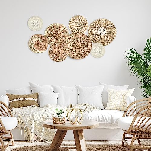 Xuhal 8 Pcs Boho Wall Basket Decor Decorative Bulrush Woven Basket Wall Decor Rustic Farmhouse Hanging Baskets for Kitchen Rustic Home Summer Decorations(Classic) - Image 2