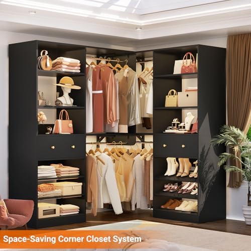 [10 FT Closet System] 120 Inch Reversible Set of 2 Wood Closet Organizer System with 2 Drawers, 4 Hanging Rods Adjustable Shelf, Walk In Closet Organizers with Shoe Rack, Garment Rack, Black - Image 7