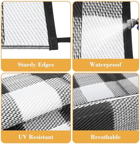 GlowSol Large Outdoor Rug 10x14 Plastic Straw Rug Waterproof UV Resistant Reversible Rug, Modern Black White Outdoor Checkered Rug, Foldable Camping Mat for Picnics, Beach, Backyard - Image 4