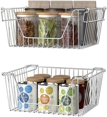 Slideep Stackable Storage Baskets Stainless Steel Cabinet Organizer Sturdy Metal Wire Pantry Freezer Bin for Pantry Home Bathroom Kitchen Organization 6 Packs - Image 3
