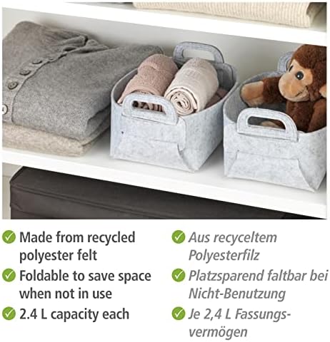 WENKO Felt basket Nina S, set of 2 storage baskets made of recycled polyester felt, space-saving foldable felt baskets with practical carrying handles & 2.4 L capacity each, 19 x 14 x 9 cm, light grey - Image 3