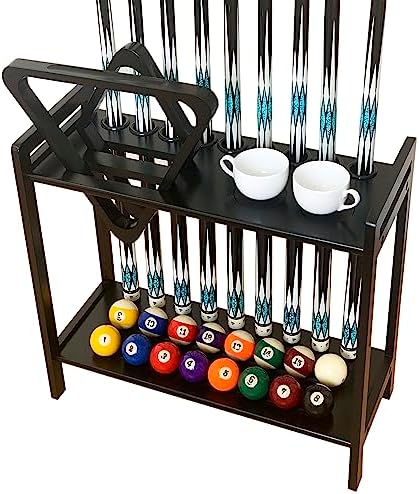 Pool Stick Holder Floor Stand Holds 9 Cues & Pool Table Accessories. Wooden 2-Tier Cue Stick Storage with Ball Rack Hangers, Billiard Cone Chalk Holder or Drink Pads - Image 2