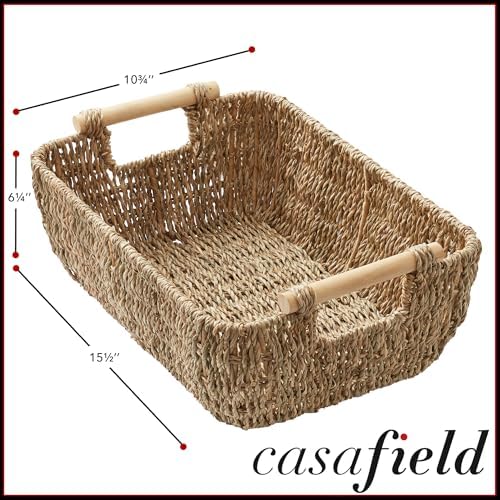 Casafield Set of 2 Seagrass Oval Storage Baskets with Wooden Handles - Medium, Woven Bin Organizers - Image 4