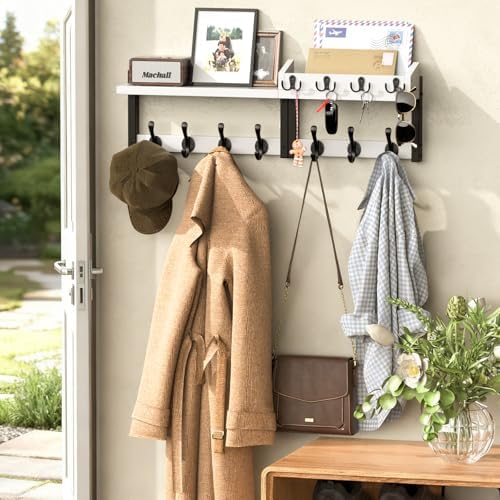 29'' White Coat Rack Wall Mount with Shelf, Solid Wood Coat and Key Hanger with 11 Metal Hooks, Farmhouse Wall Organizer for Mail, Entryway Wall Hangers for Hats, Clothes, Backpacks, Mudroom - Image 2