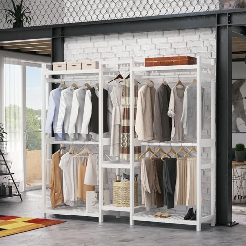 Homykic Bamboo Clothing Rack with 7 Shelves, 5 Hang Rods, 70” Wide, White - Image 2