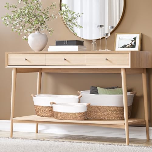 Seville Classics Premium Natural Handwoven Portable Laundry Bin Basket with Carrying Handles, Household Storage for Clothes, Linens, Sheets, Natural Water Hyacinth and White Rope, 3 Piece Set - Image 6