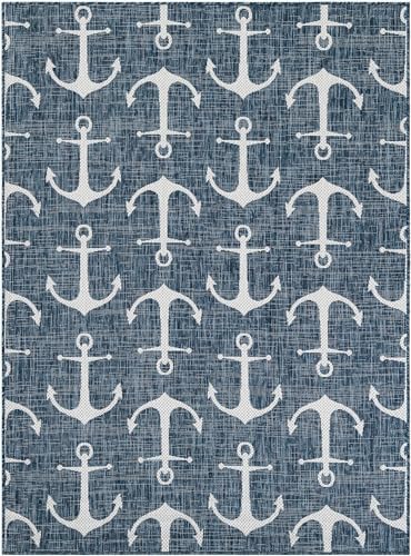 Unique Loom Outdoor Coastal Collection Area Rug - Ahoy (5' 3" x 7' 1" Rectangle Blue/Ivory) - Image 3