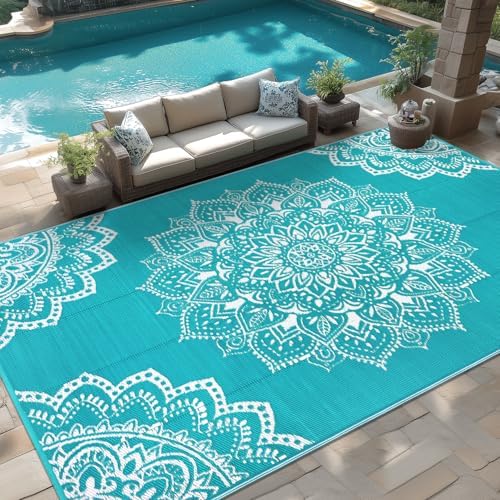 Yamaziot Outdoor Rug 9' x 18', Waterproof Reversible Plastic Straw Rug, Large Outdoor Rugs Mats RV, Picnic, Backyard, Balcony, Porch, Beach, Blue by Yamaziot