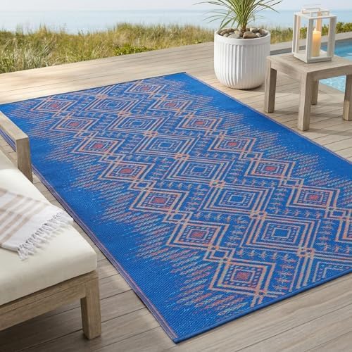 Fab Habitat Outdoor Rug - Waterproof, Fade Resistant, Crease-Free - Premium Recycled Plastic - Boho Southwestern - Patio, Deck, Porch, Balcony, Laundry Room - Jodhpur - Multi Blue - 4 x 6 ft by FabHabitat