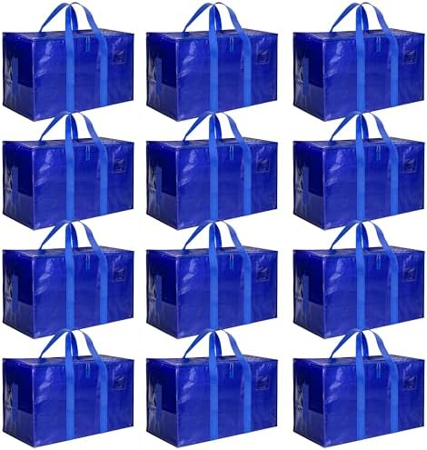 HealSmart 12 Pack Large Moving Bags with Zippers & Handles, Moving Supplies with lids, Heavy Duty Totes for Space Saving, Fold Flat, Moving and Storing, Blue by HealSmart