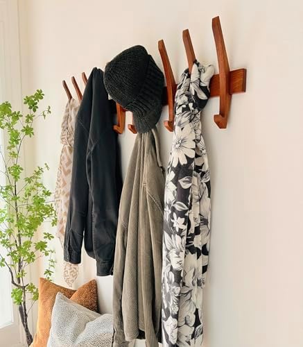 Wooden Wall Hook Rack with 5 Hooks, Solid Sapele Wood Coat Rack, Mid-Century Modern Wall Mounted Entryway Organizer, Heavy-Duty 22 lb Capacity - Image 4