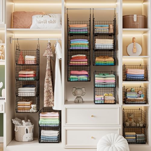 4" Extra Deeper Hanging Closet Organizers and Storage,4 Tier Foldable Wire Cabinet Shelves with 5 S Hooks,Small Metal Basket Bins for Clothes Sweaters Handbags, Wardrobe for Kitchen Laundry Room，Black - Image 7