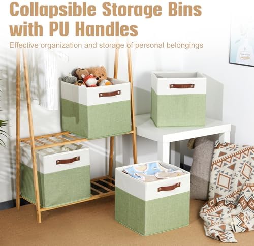 DULLEMELO Fabric Storage Cubes, 12x12 Storage Cube Bins for Organizing, Foldable Storage Baskets Square Cloth Bins for Cube Storage, Cube Organizer for Storage,White&Green - Image 4