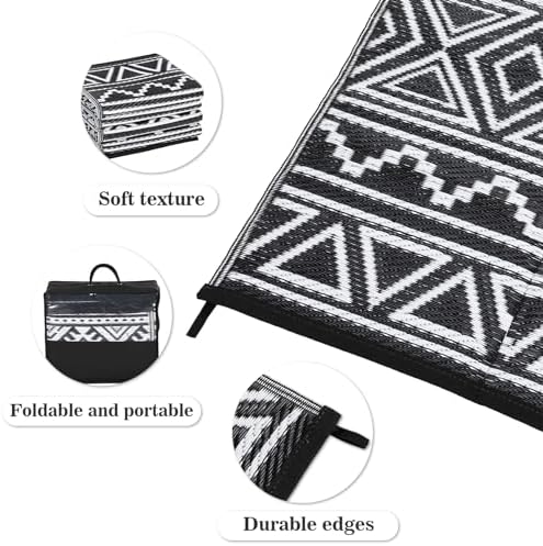 GAOMON Reversible Outdoor Rug 9'x18' Waterproof Plastic Straw Rug, Patio Rug, Large Modern Area Rug Carpet, Indoor Outdoor Rugs for Camping, Porch, Deck, Balcony, Backyard, Black/White(Bohemia) - Image 3