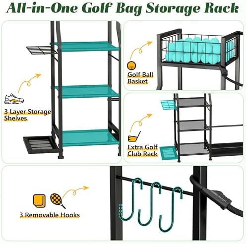 Golf Bag Storage Organizer for Golf Accessories, Golf Bag Stand with Extra Storage Rack for Golf Clubs & Golf Essentials, Golf Bag Holder for Garage Organization Fits 2 Bags, Metal & Wood Construction - Image 2
