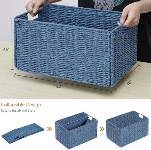 Vagusicc Wicker Storage Basket, Set of 2 Hand-Woven Paper Rope Wicker Basket, Small Storage Baskets for Organizing Toilet Paper Basket, Foldable Large Cube Storage Organizer Bins for Shelves (Blue) - Image 2